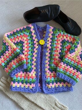 Handmade Granny Square Crochet Cardigan Rainbow Cropped Boho Retro